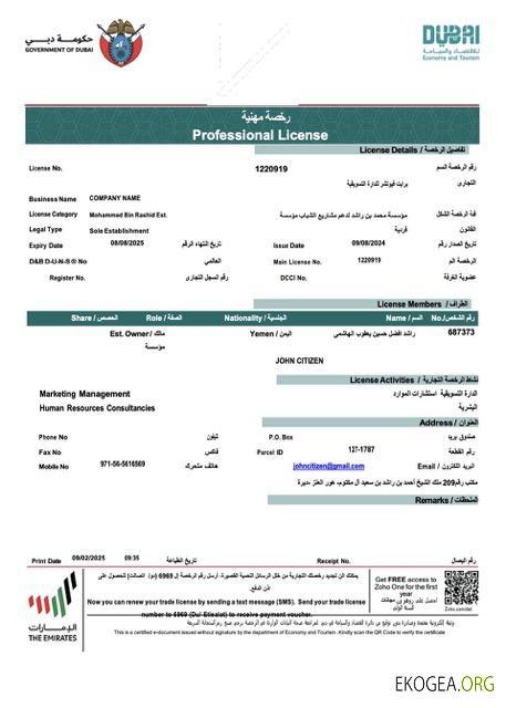 Licence professionnelle des Émirats arabes unis à Dubaï de l'entreprise Modèle Word et PDF